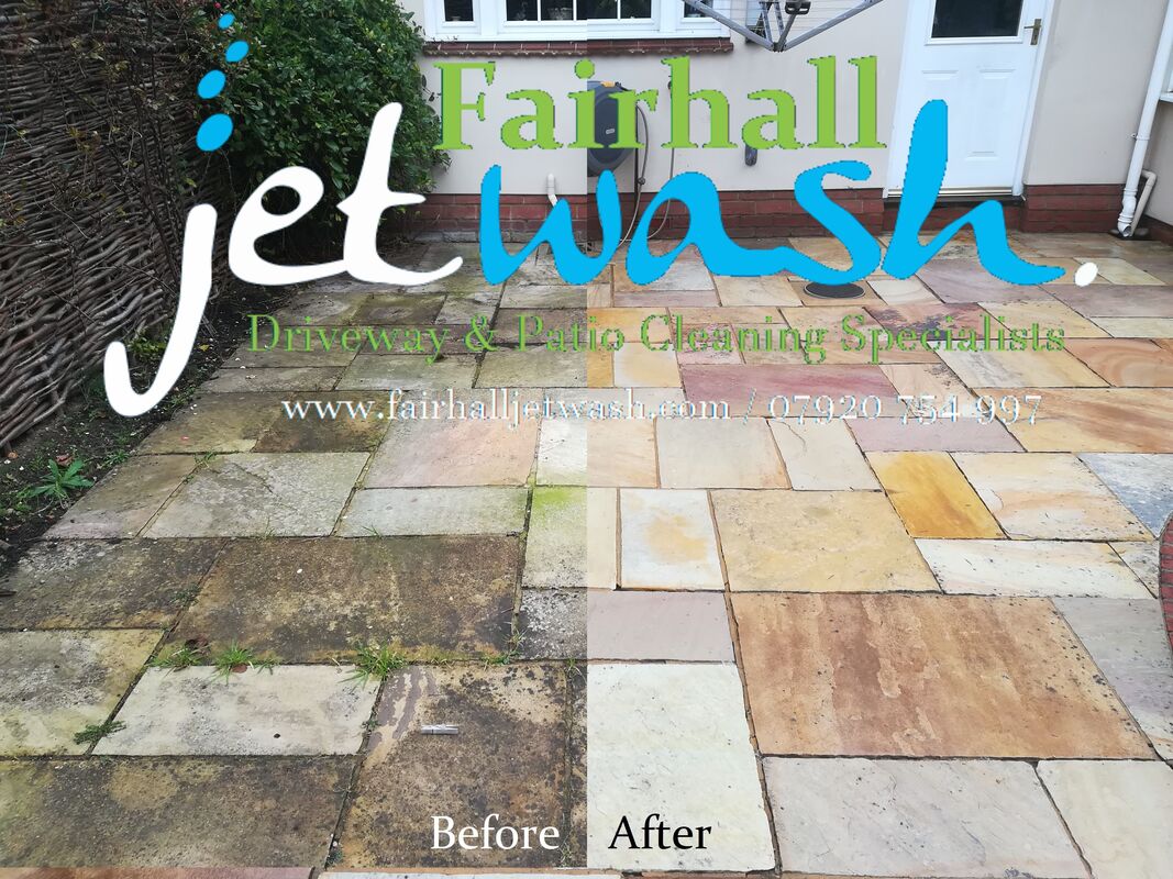 before and after of a restored sandstone patio cleaned by Fairhall Jet Wash